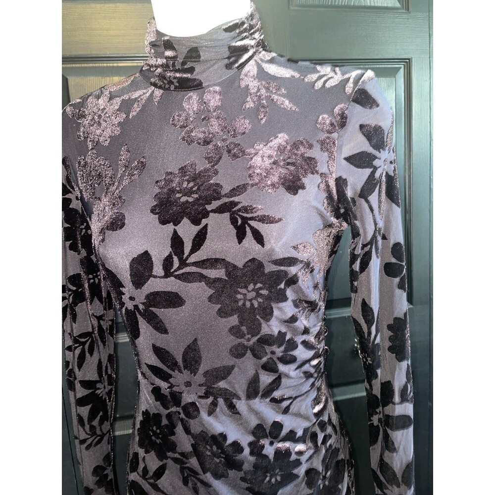 Taylor Velvet Burnout Floral Dress 2 Black Mock Neck Ruched Whimsigoth Y2K Party - Picture 2 of 7